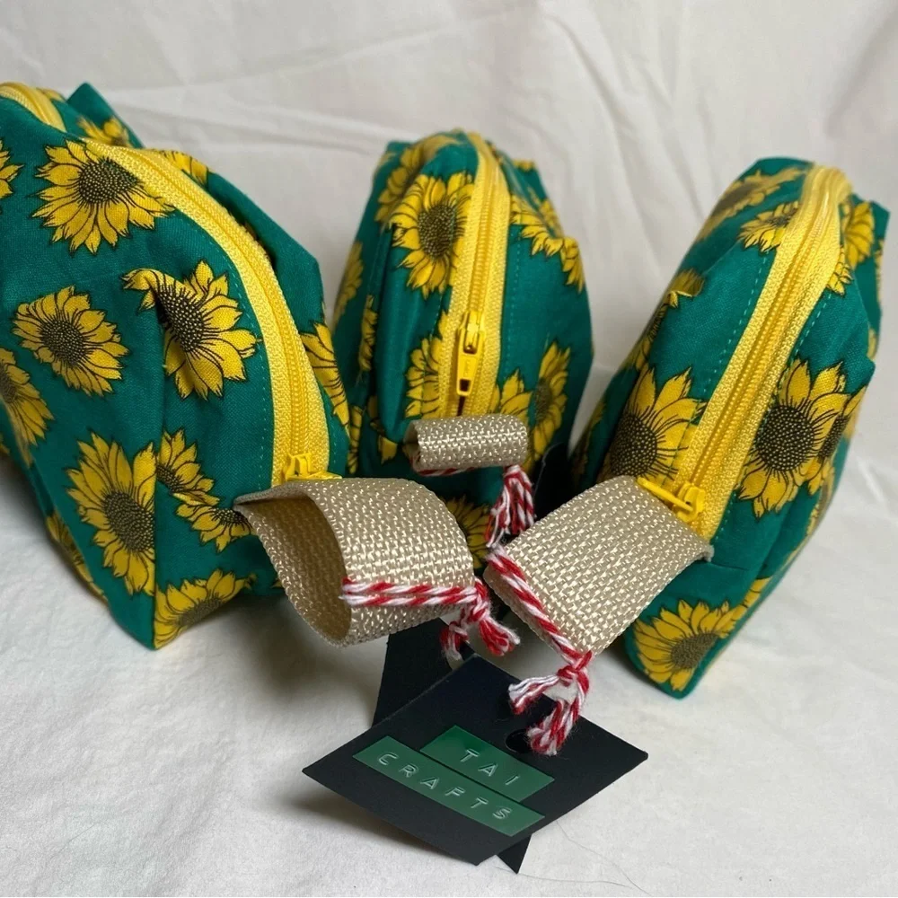 Set of 3 Sunflower Print Accessories Bags Handmade by Tai Crafts